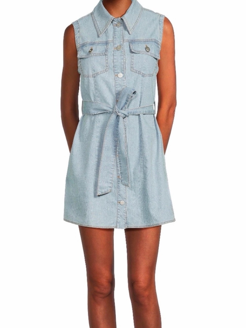 Sleeveless Light Wash Denim Mini Dress with Self Tie Waist